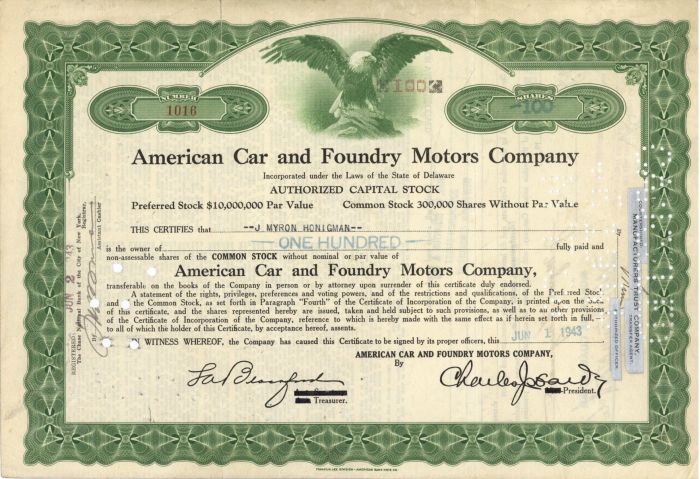 American Car and Foundry Motors Co. - Stock Certificate