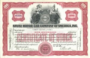 Stutz Motor Car Co. of America, Inc. - Stock Certificate