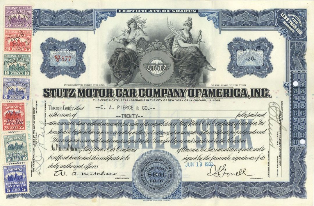 Stutz Motor Car Co. of America, Inc. - 1933 dated Fully Issued Stock Certificate - Unusual Indiana Revenue Stamps Attached