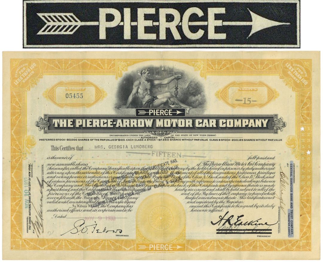 Pierce-Arrow Motor Car Co. - Yellow Type Extremely Rare - 1933 dated Automotive Stock Certificate
