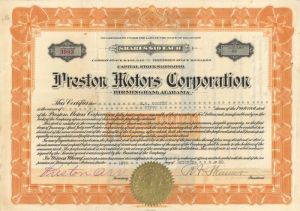 Preston Motors Corporation - Stock Certificate