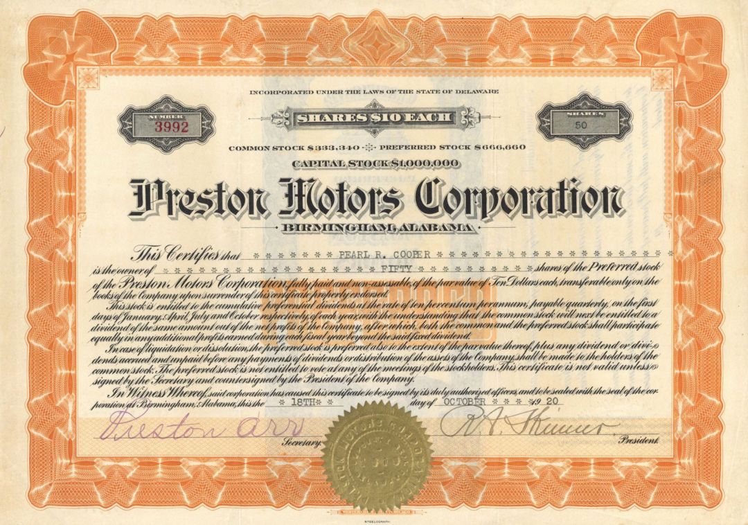 Preston Motors Corp. - 1920 dated Stock Certificate