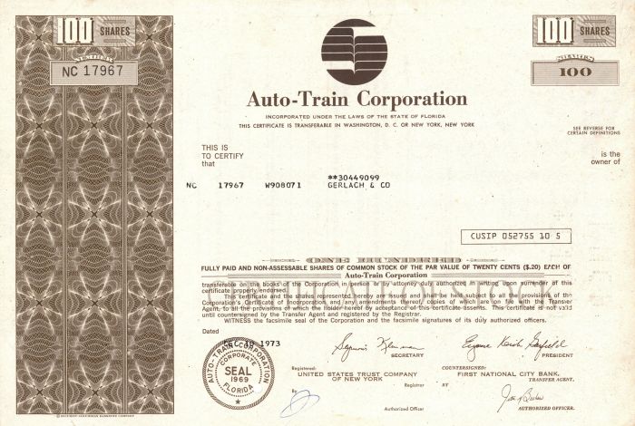 Auto-Train Corporation - Stock Certificate