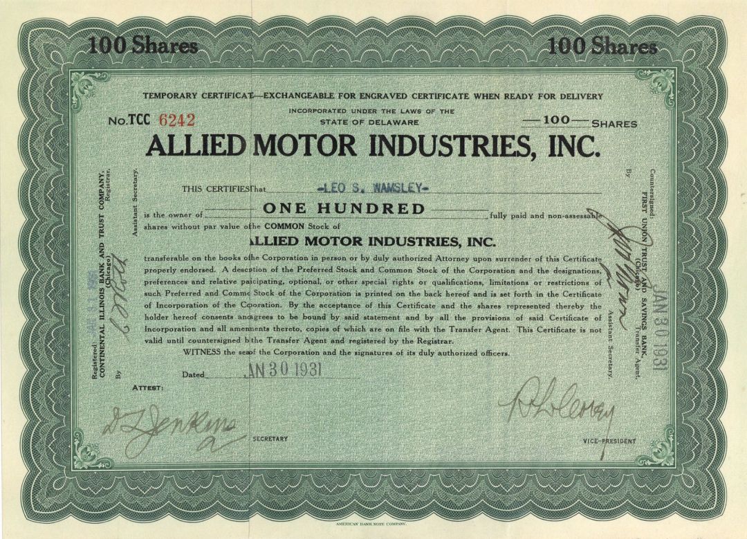 Allied Motor Industries, Inc. - Stock Certificate