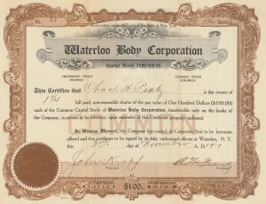 Waterloo Body Corporation - 1919 dated Automotive Stock Certificate