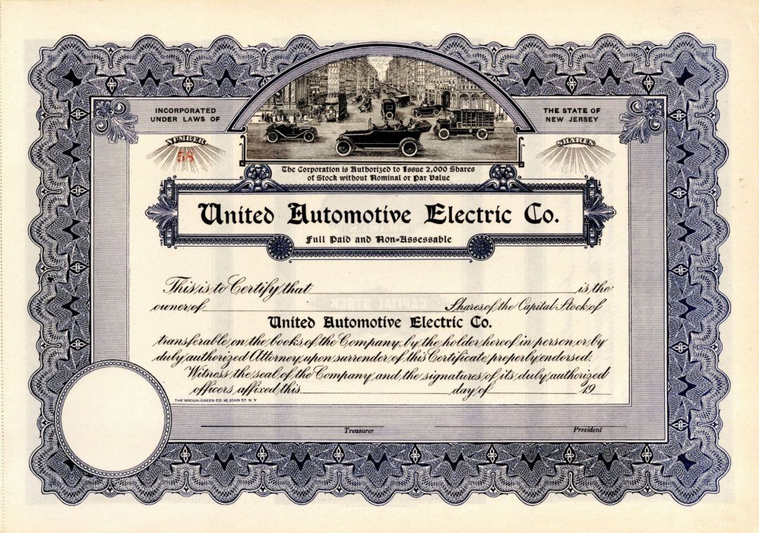 United Automotive Electric Co. - Circa 1920's Electric Automotive Unissued Stock Certificate
