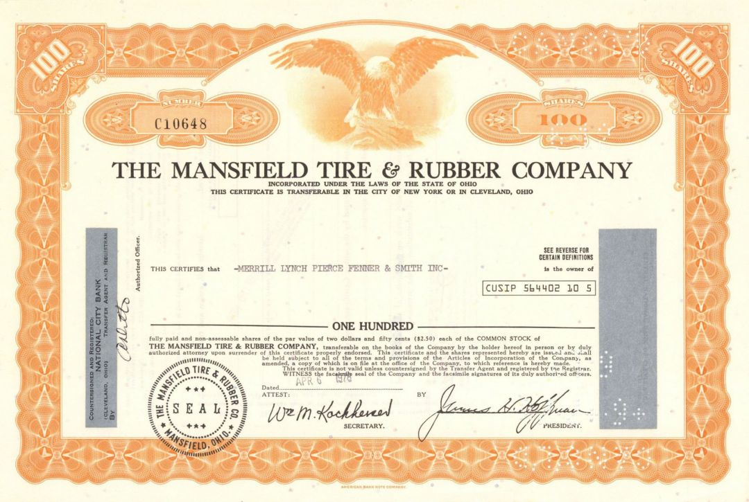 Mansfield Tire and Rubber Co. - 1978 Automotive Stock Certificate