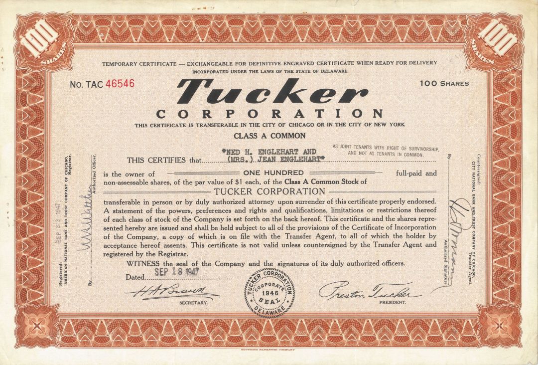 Tucker Corporation - 1948 dated Brown Automotive Stock Certificate - Only 50 Tucker Cars were Made