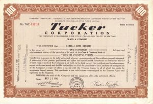 Tucker Corporation - 1948 dated Brown Automotive Stock Certificate - Only 50 Tucker Cars were Made