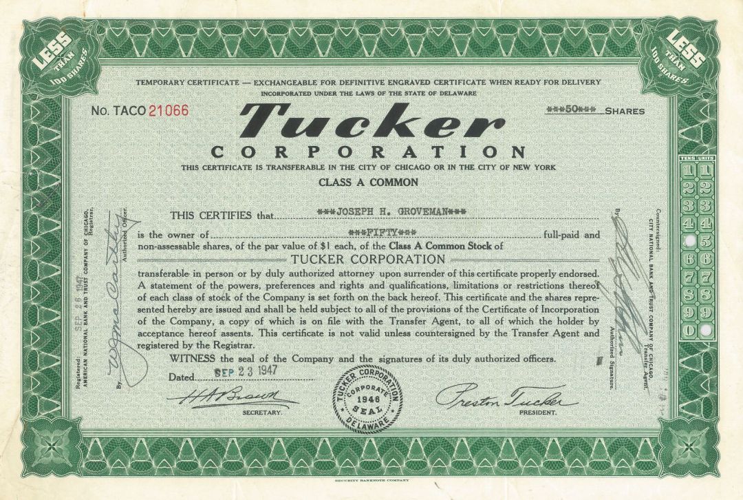 Tucker Corporation - 1948 dated Automotive Green Stock Certificate - Only 50 Tucker Cars were Made
