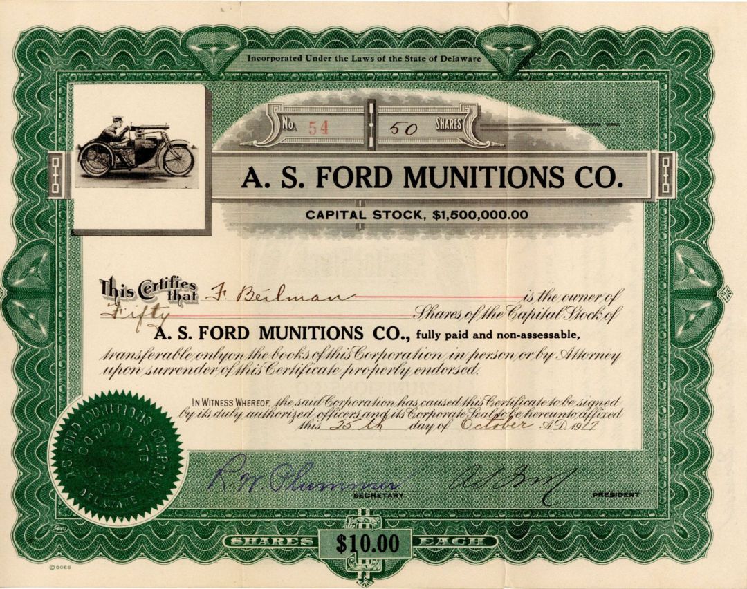 A.S. Ford Munitions Co. - 1917 Automotive Stock Certificate