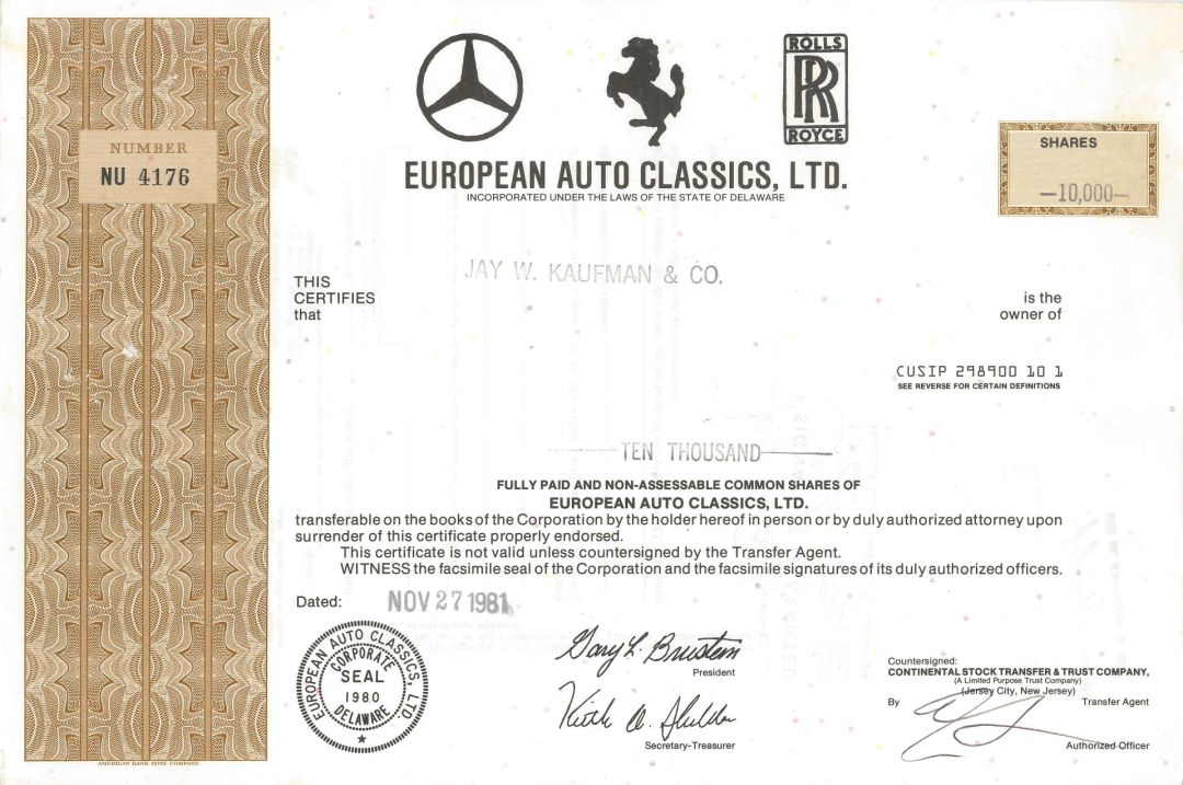 European Auto Classics, Ltd. - 1980's dated Automotive Stock Certificate - Showing Symbols of Rolls Royce, Mercedes-Benz and Ferrari