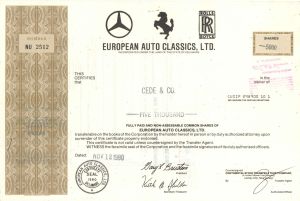 European Auto Classics, Ltd. - 1980's dated Automotive Stock Certificate