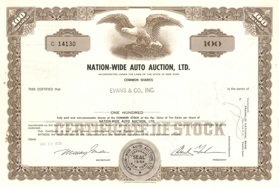 Nation-Wide Auto Auction, Ltd. - 1970 Automotive Stock Certificate