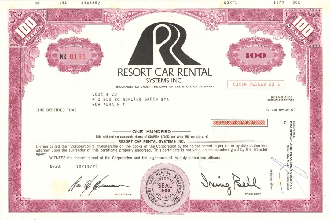 Resort Car Rental Systems Inc. - 1970's Automotive Stock Certificate