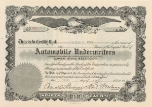 Automobile Underwriters - 1926 or 1930 dated Stock Certificate
