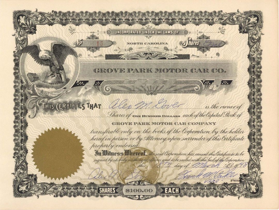 Grove Park Motor Car Co.  - 1948 dated Stock Certificate