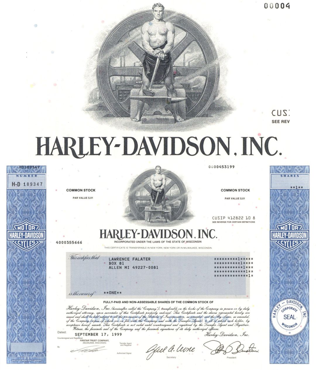 Harley-Davidson, Inc. - 1999 dated Fully Issued Stock Certificate