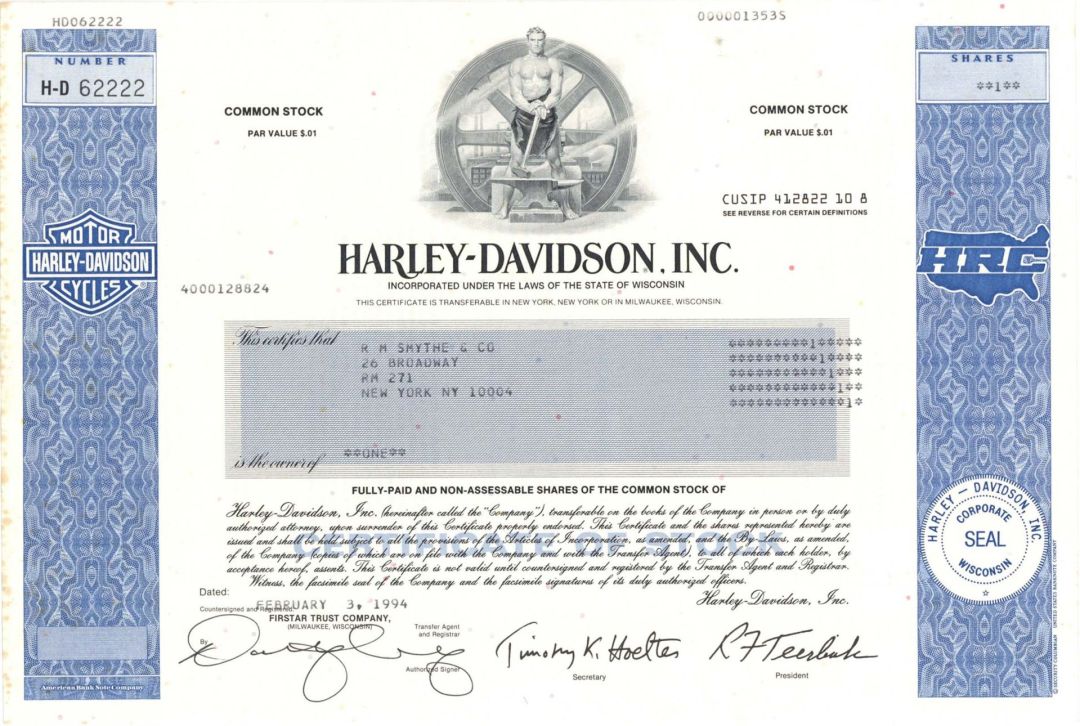 Harley-Davidson, Inc. - 1994 dated Stock Certificate - Stains at Left Border