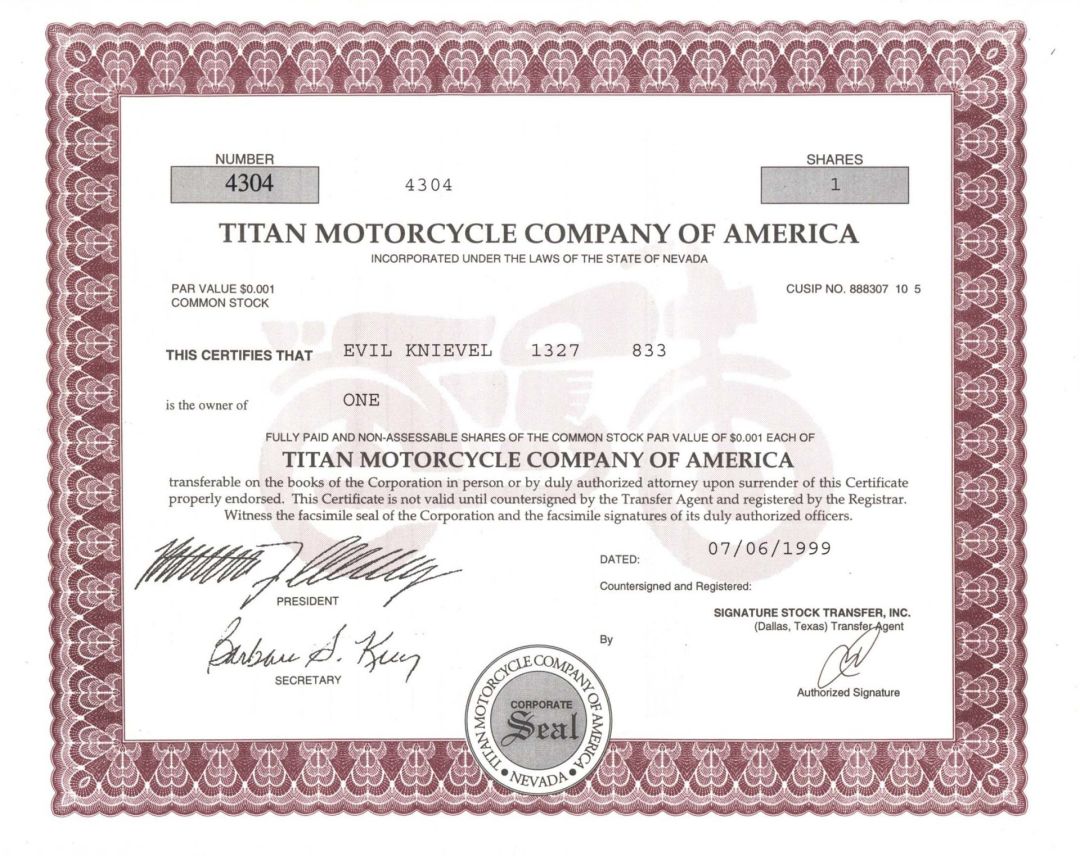 Titan Motorcycle Company of America issued to Evil Knievel  - 1999 dated Stock Certificate