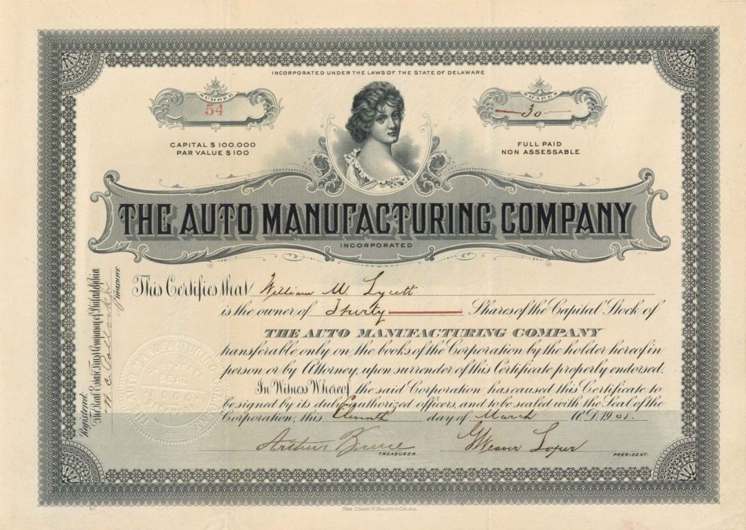 Auto Manufacturing Company Inc.  - 1901 dated Stock Certificate