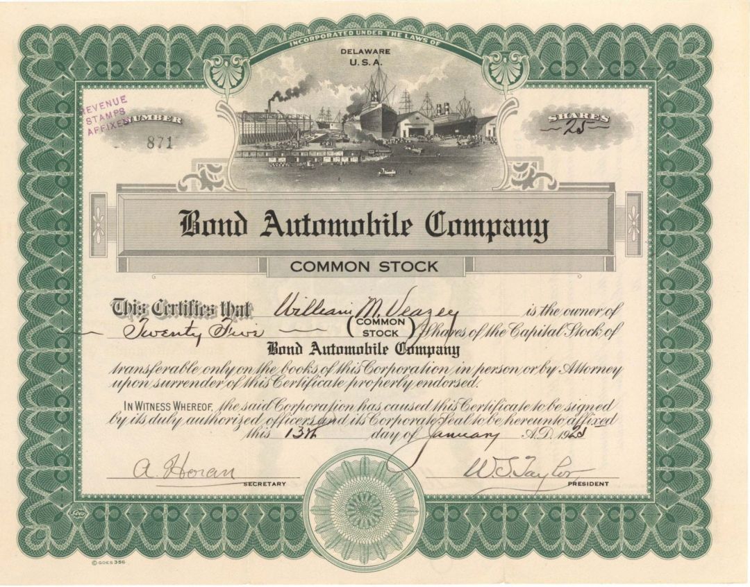 Bond Automobile Co. - 1925 dated Stock Certificate