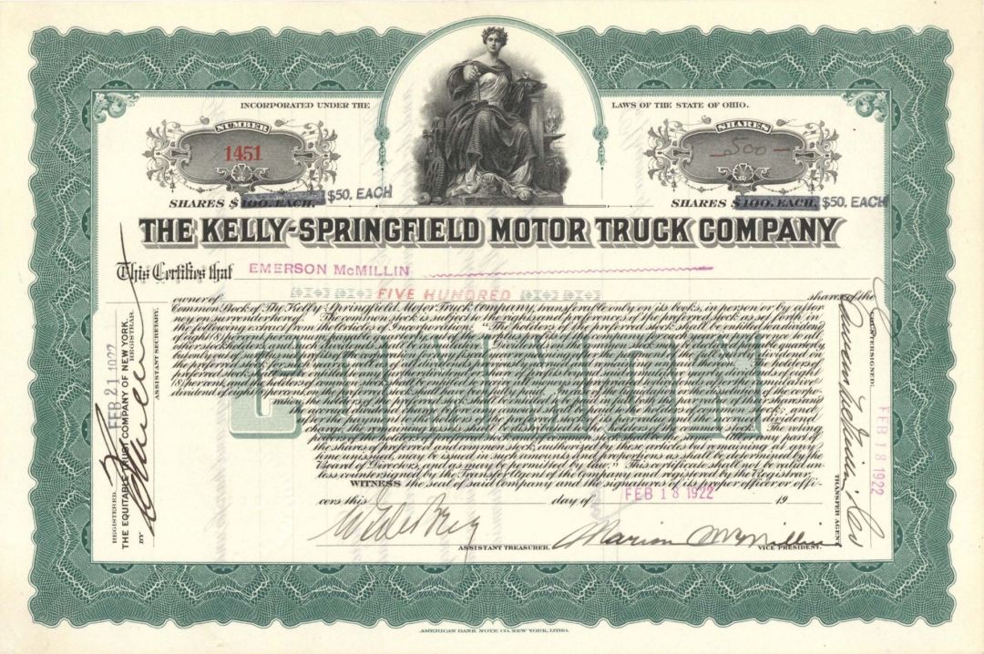 Kelly-Springfield Motor Truck Co. - 1922 dated Stock Certificate