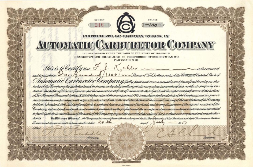 Automatic Carburetor Co. - 1917 dated Stock Certificate