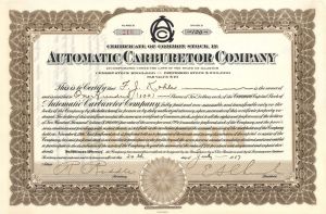 Automatic Carburetor Co. - 1917 dated Stock Certificate