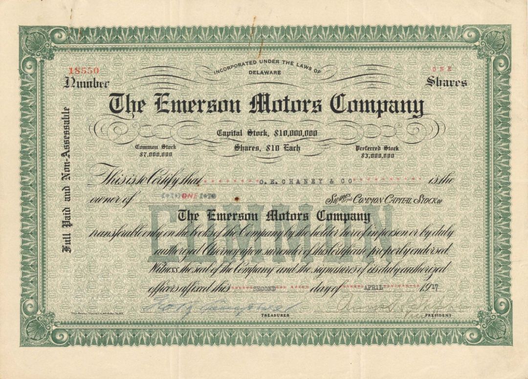 Emerson Motors Co. - 1917 dated Stock Certificate