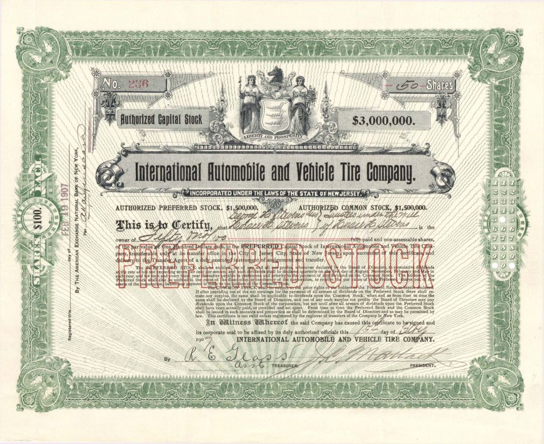 International Automobile and Vehicle Tire Co. - 1907 dated Stock Certificate