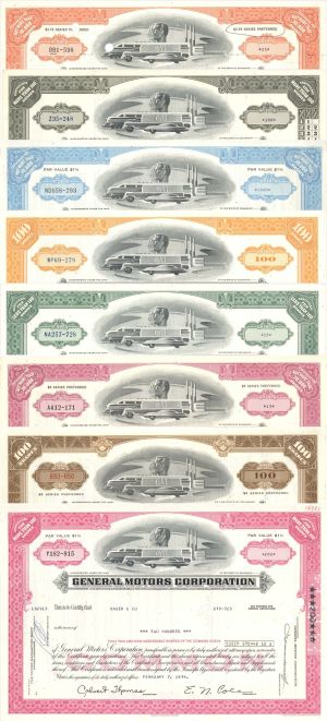 General Motors Corporation Collection of 8 Stocks - 1950's-1980's dated Stock Certificates