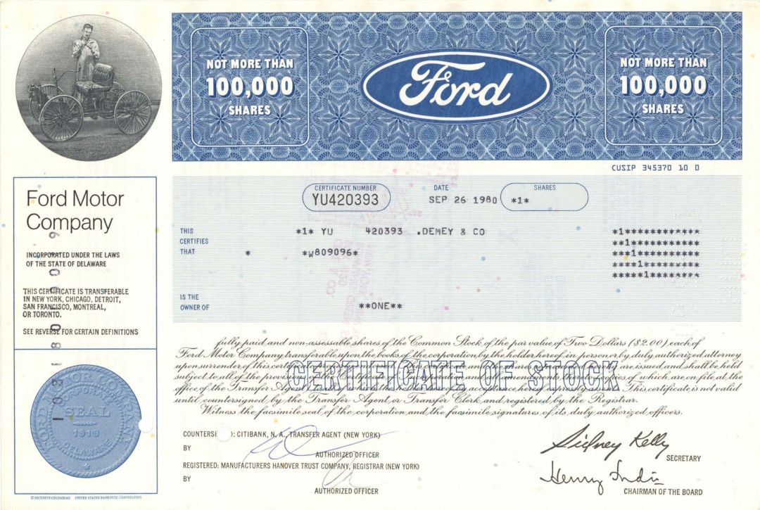 Ford Motor Co. - 1980 dated Stock Certificates