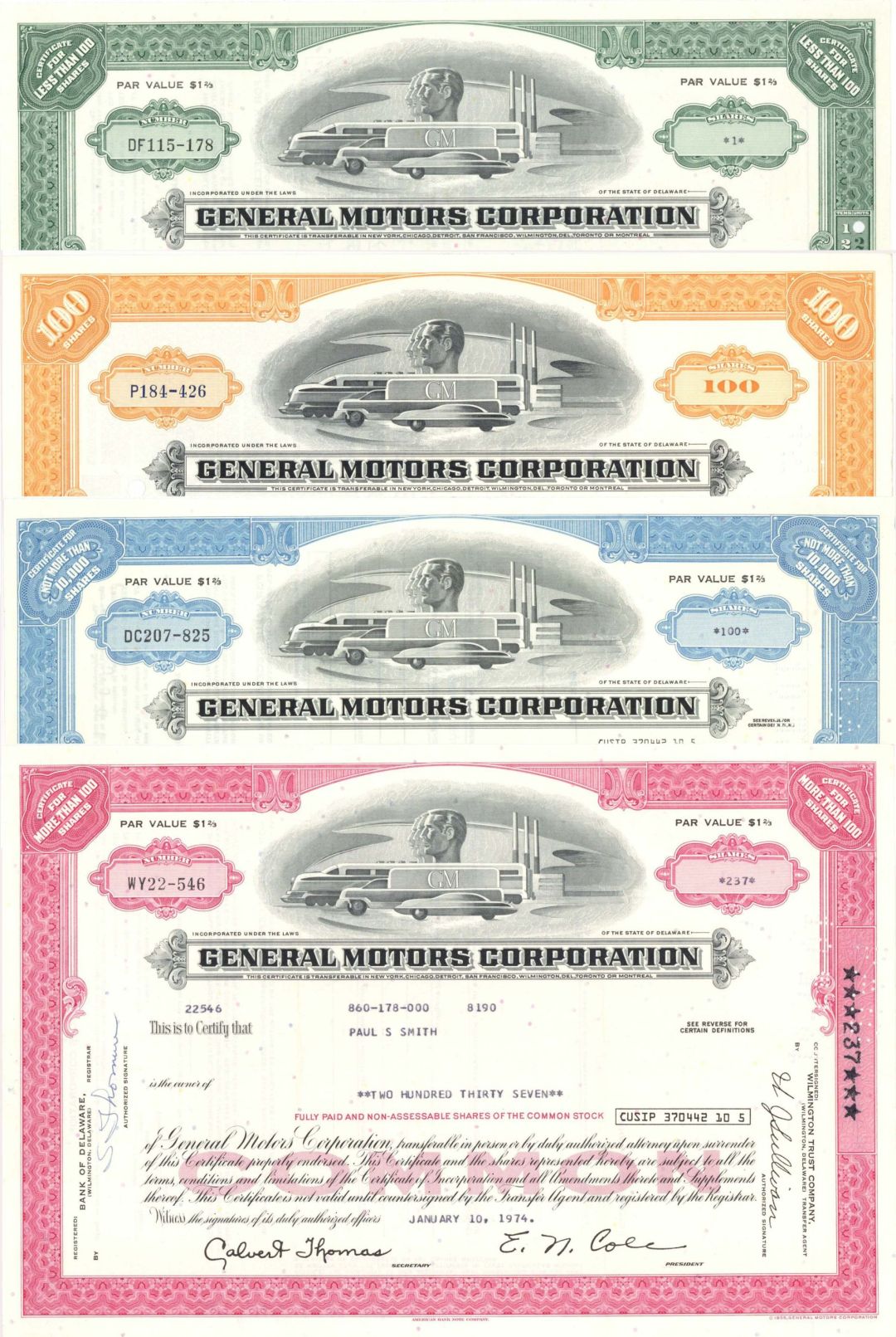 General Motors Corporation Set of 4 Stocks - 1950's-1980's dated Stock Certificates