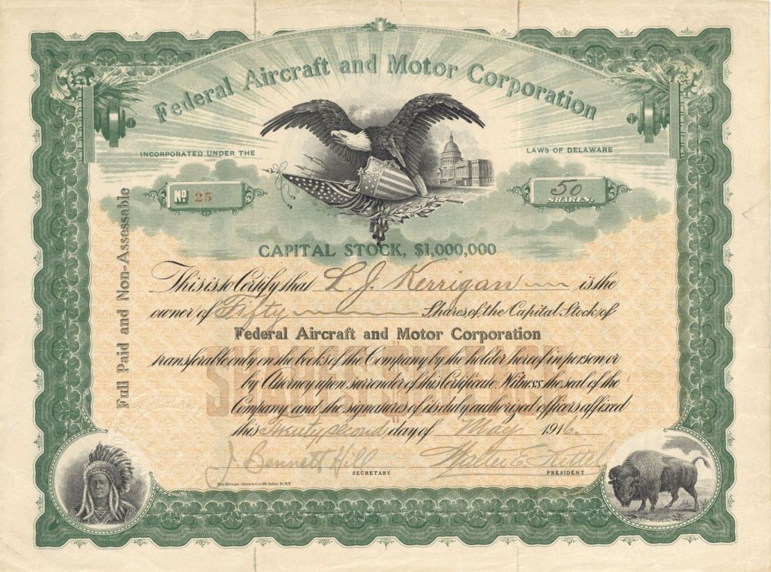 Federal Aircraft and Motor Corporation - 1916 dated Stock Certificate