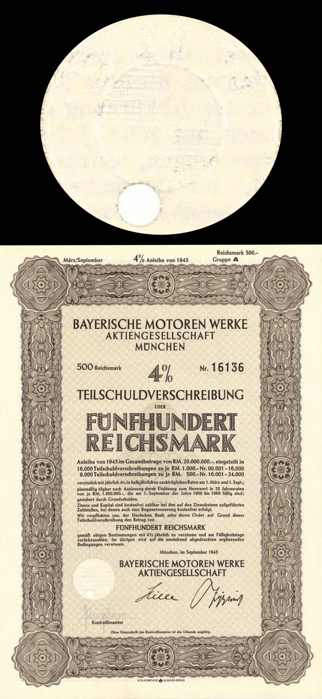 Bayerische Motoren Werke Aktiengesellschaft, Munchen (BMW) - 1943 dated 500 Reichsmark Bond