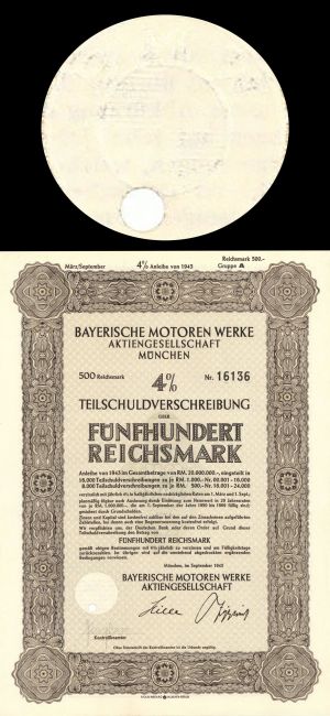 Bayerische Motoren Werke Aktiengesellschaft, Munchen (BMW) - 1943 dated 500 Reichsmark Bond