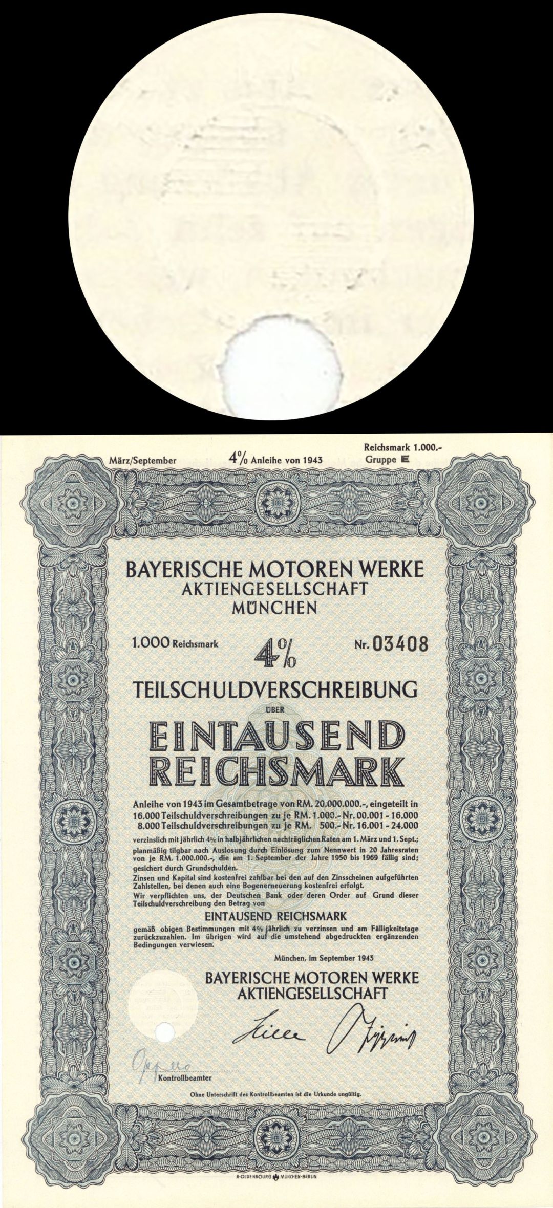 Bayerische Motoren Werke Aktiengesellschaft, Munchen (BMW) - 1943 dated 1,000 Reichsmark Bond