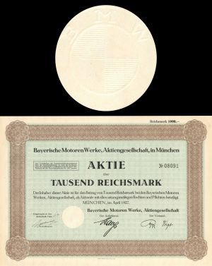 Bayerische Motoren Werke Aktiengesellschaft, Munchen - 1927 dated German Automotive Stock Certificate (Uncanceled)