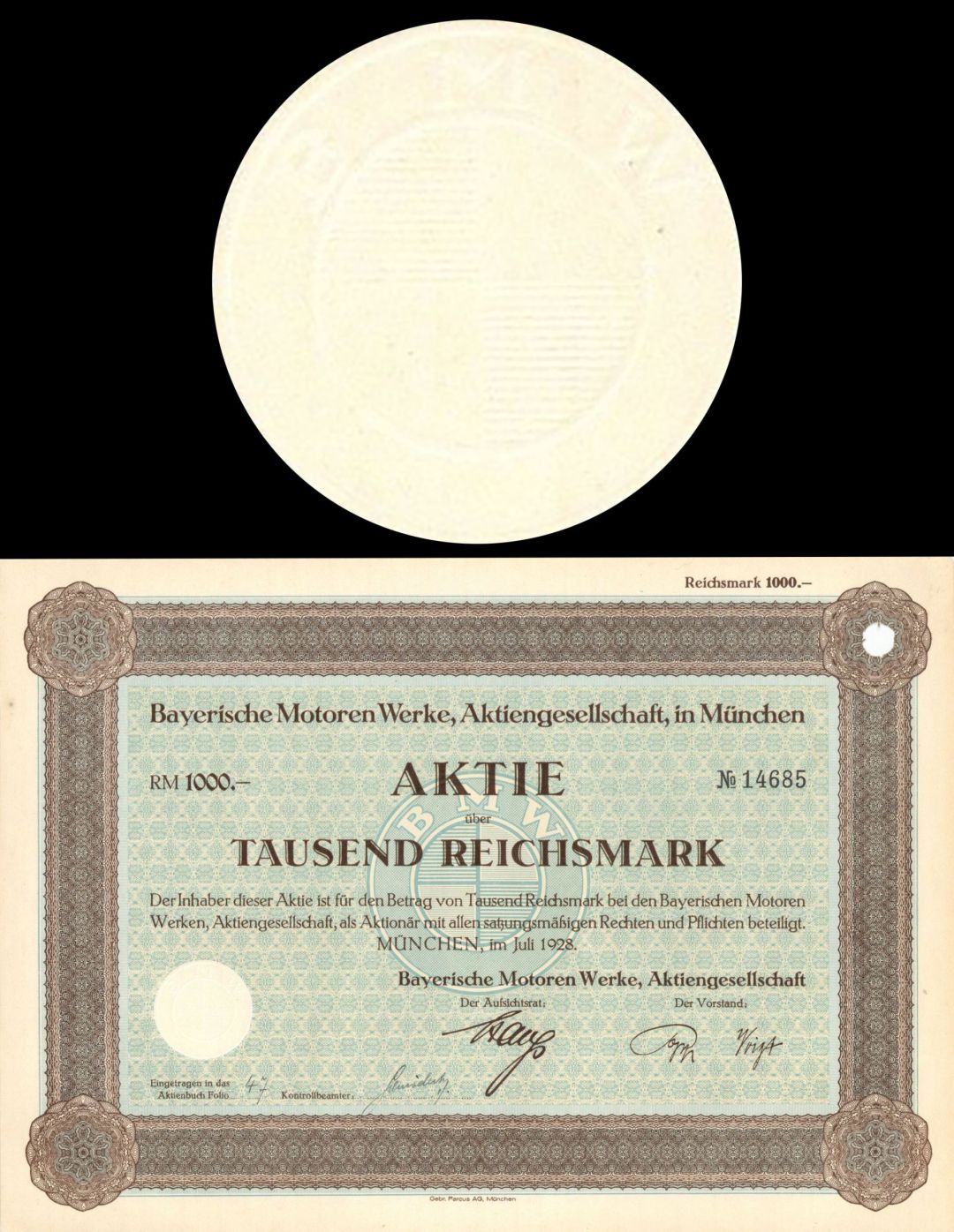 Bayerische Motoren Werke Aktiengesellschaft, Munchen - 1928 dated German Automotive Stock Certificate (Canceled)