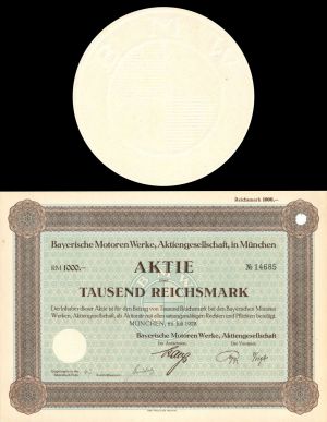 Bayerische Motoren Werke Aktiengesellschaft, Munchen - 1928 dated German Automotive Stock Certificate (Canceled)