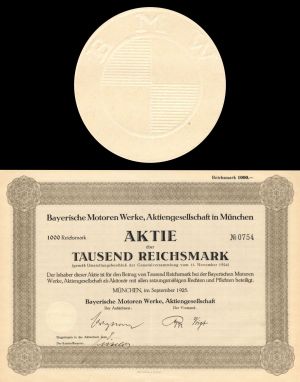 Bayerische Motoren Werke Aktiengesellschaft, Munchen - 1925 dated German Automotive Stock Certificate (Uncanceled)