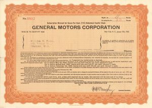 General Motors Corporation - 1920 dated Automotive Stock Certificate - Famous Car Maker