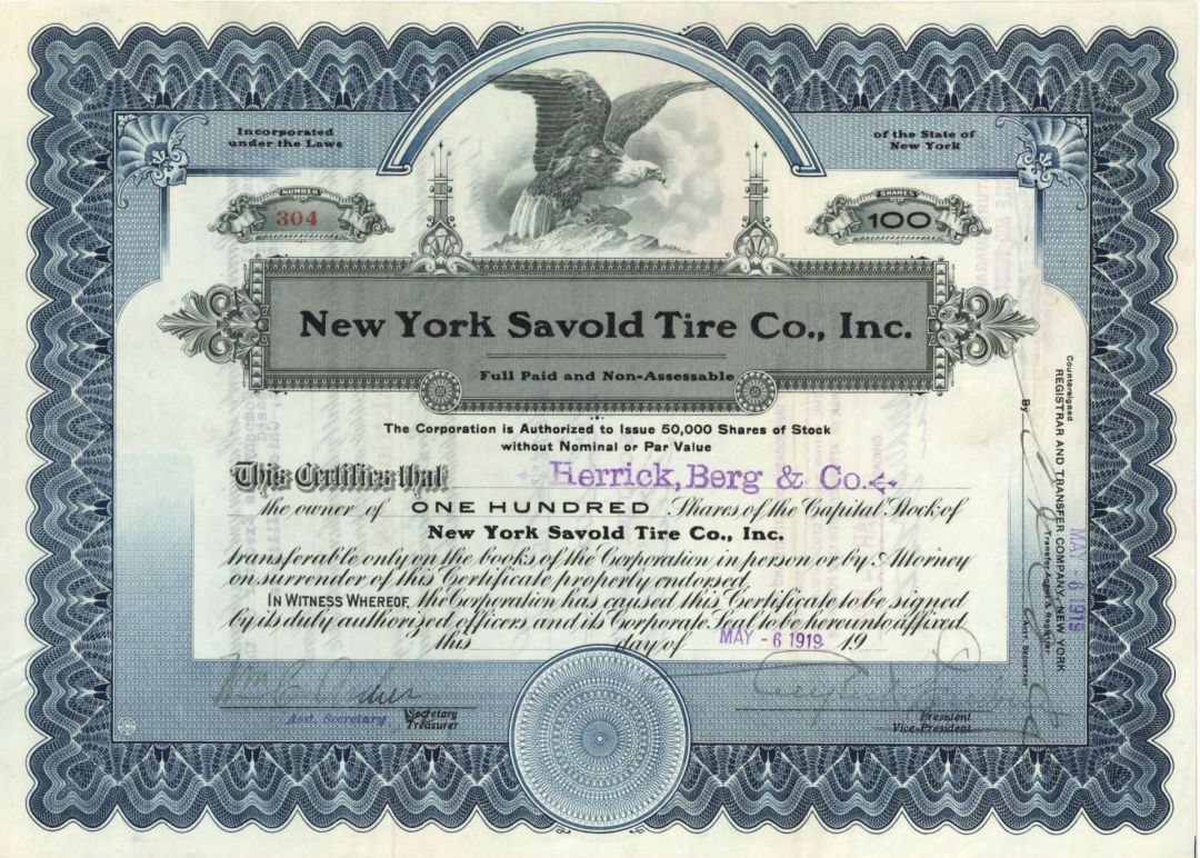 New York Savold Tire Co., Inc. - 1919 dated Stock Certificate