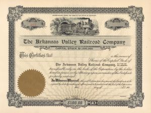 Arkansas Valley Railroad Co. - Railway Stock Certificate - Branch Line of the Atchison Topeka Santa Fe Railway