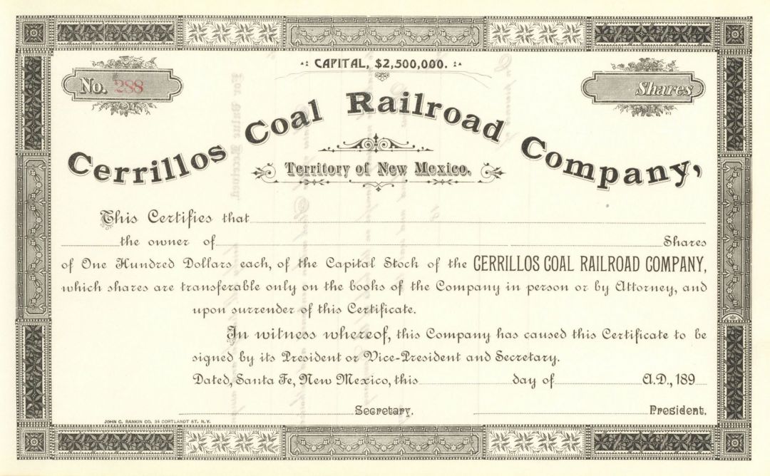 Cerrillos Coal Railroad Co. - Territory of New Mexico - 1890's dated Unissued Railway Stock Certificate - Branch Line of the Atchison Topeka Santa Fe Railway
