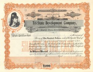 Tri=State Development Co., Inc. - Unissued Stock Certificate - Branch Company of the Atchison Topeka Santa Fe Railway