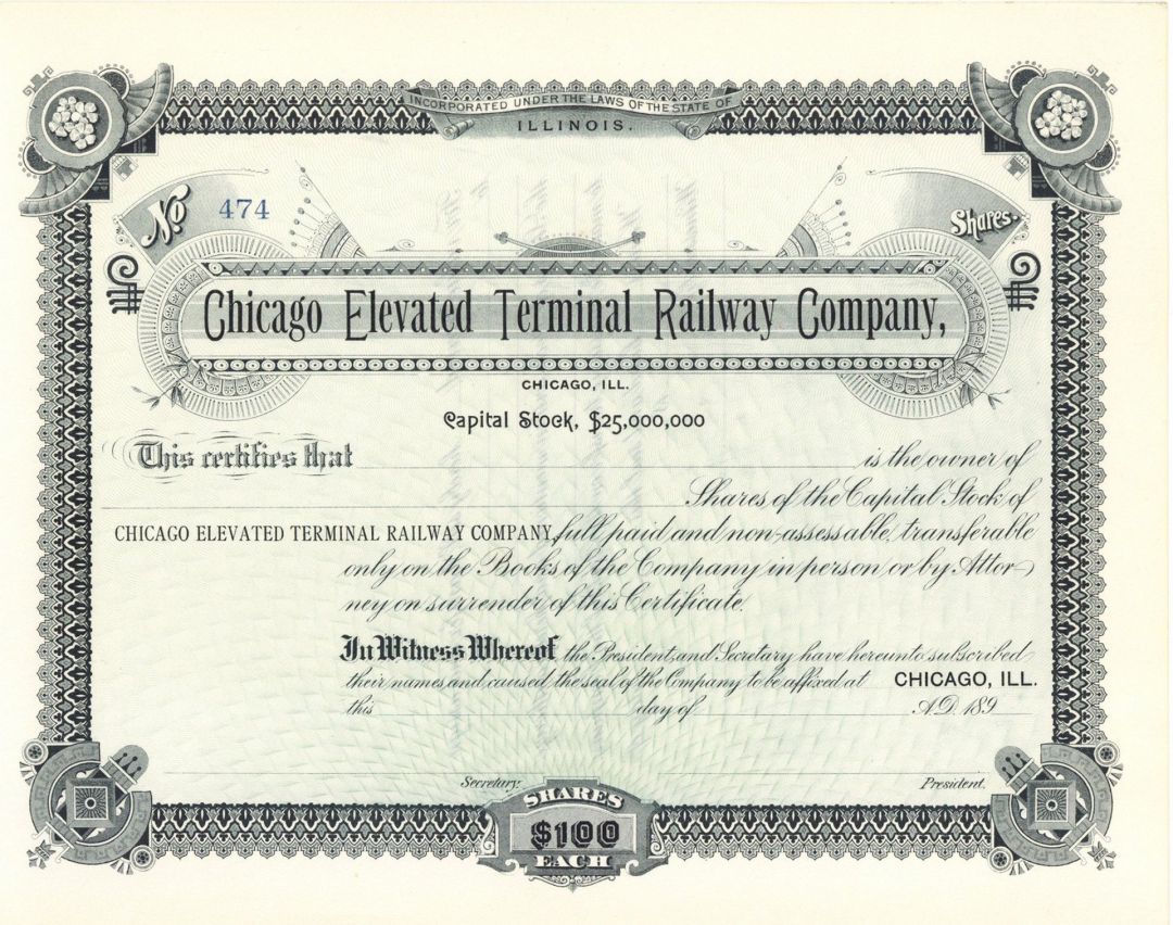 Chicago Elevated Terminal Railway Co. - circa 1890's Railway Stock Certificate - Branch Line of the Atchison Topeka Santa Fe Railway