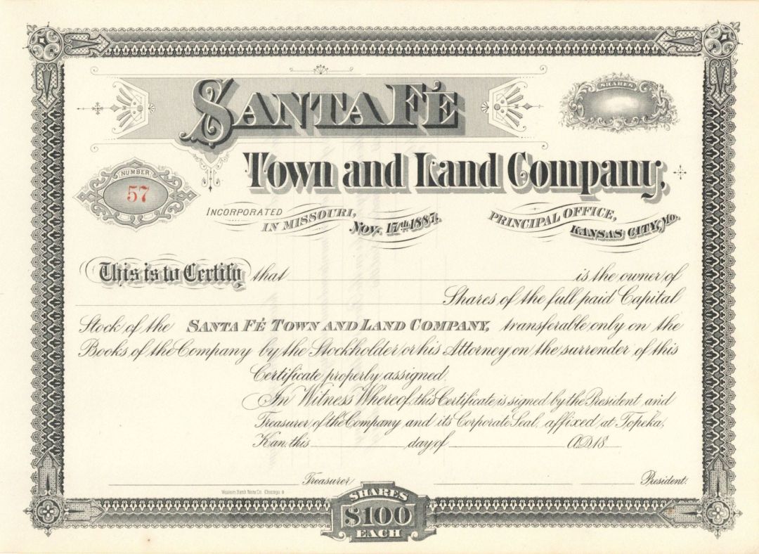 Santa Fe Town and Land Co. - Unissued Land Stock Certificate - Branch Company of the Atchison Topeka Santa Fe Railway