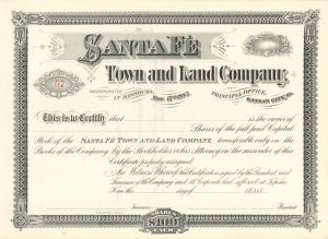 Santa Fe Town and Land Co. - Unissued Land Stock Certificate - Branch Company of the Atchison Topeka Santa Fe Railway
